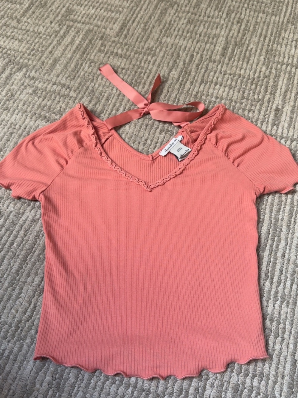 American Rag Coral Ribbed Lace-Trim Tie-Back Tee